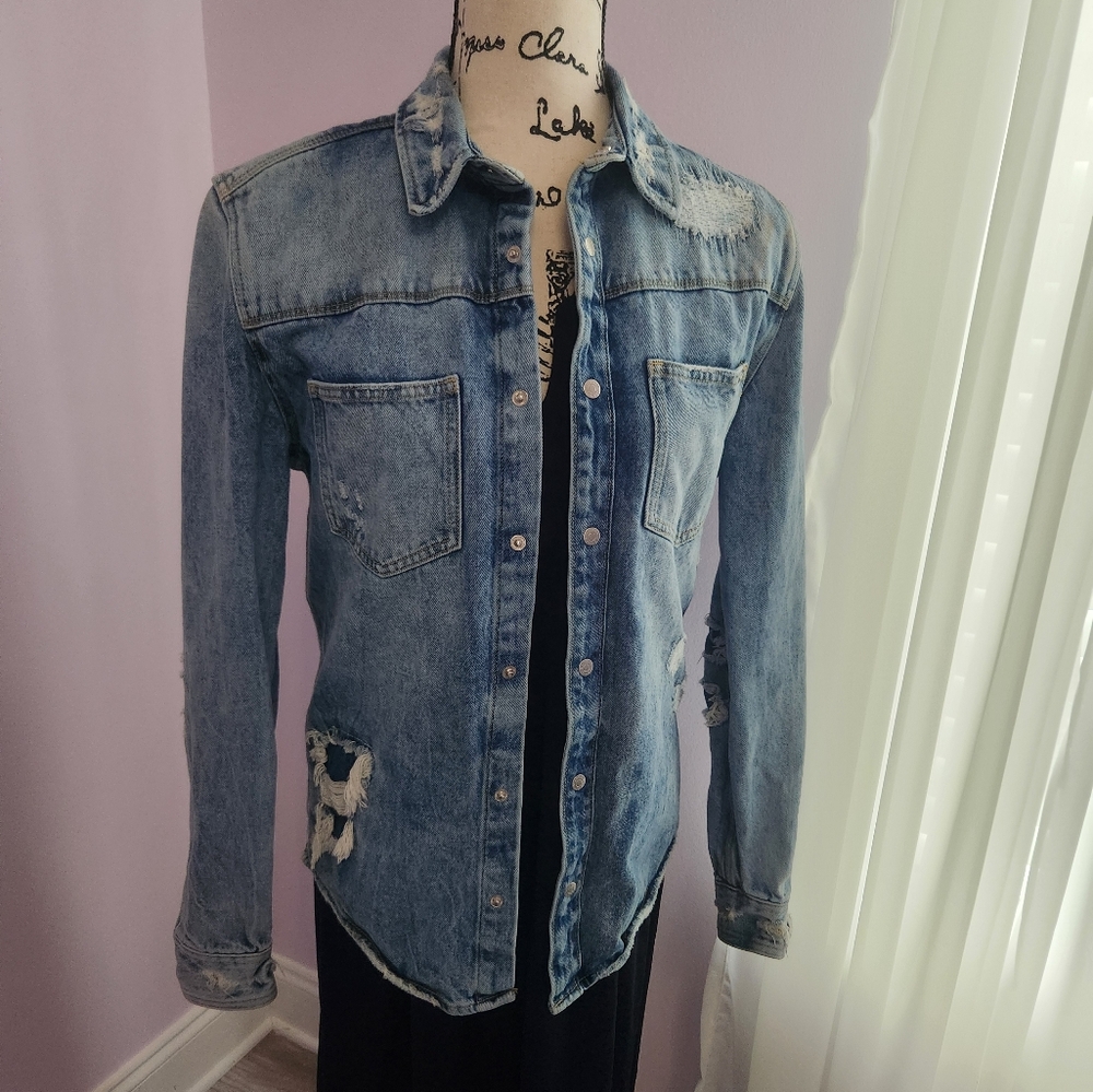 Zara Distressed Blue Denim Jacket Size Small